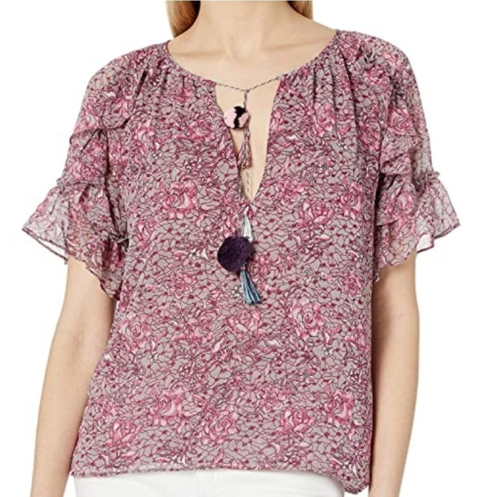 Misa Los Angeles Lino Floral Tassel Ruffle Blouse Top